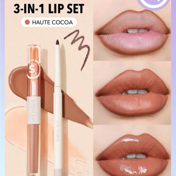 SHEGLAM Soft 90's Glam Lip Liner And Lip Duo Set-Haute Cocoa Lip Set 3-In-1 Lip - Picture 3 of 9